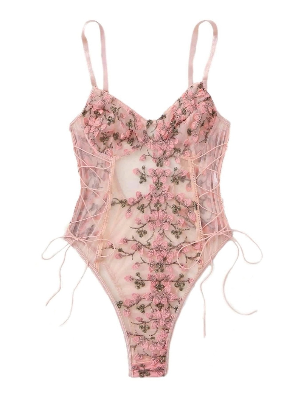 Delicate Pink Floral Embroidered Lace Bodysuit